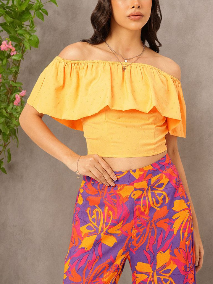 DressBerry Ruffle Ramble Dobby Bardot Crop Top
