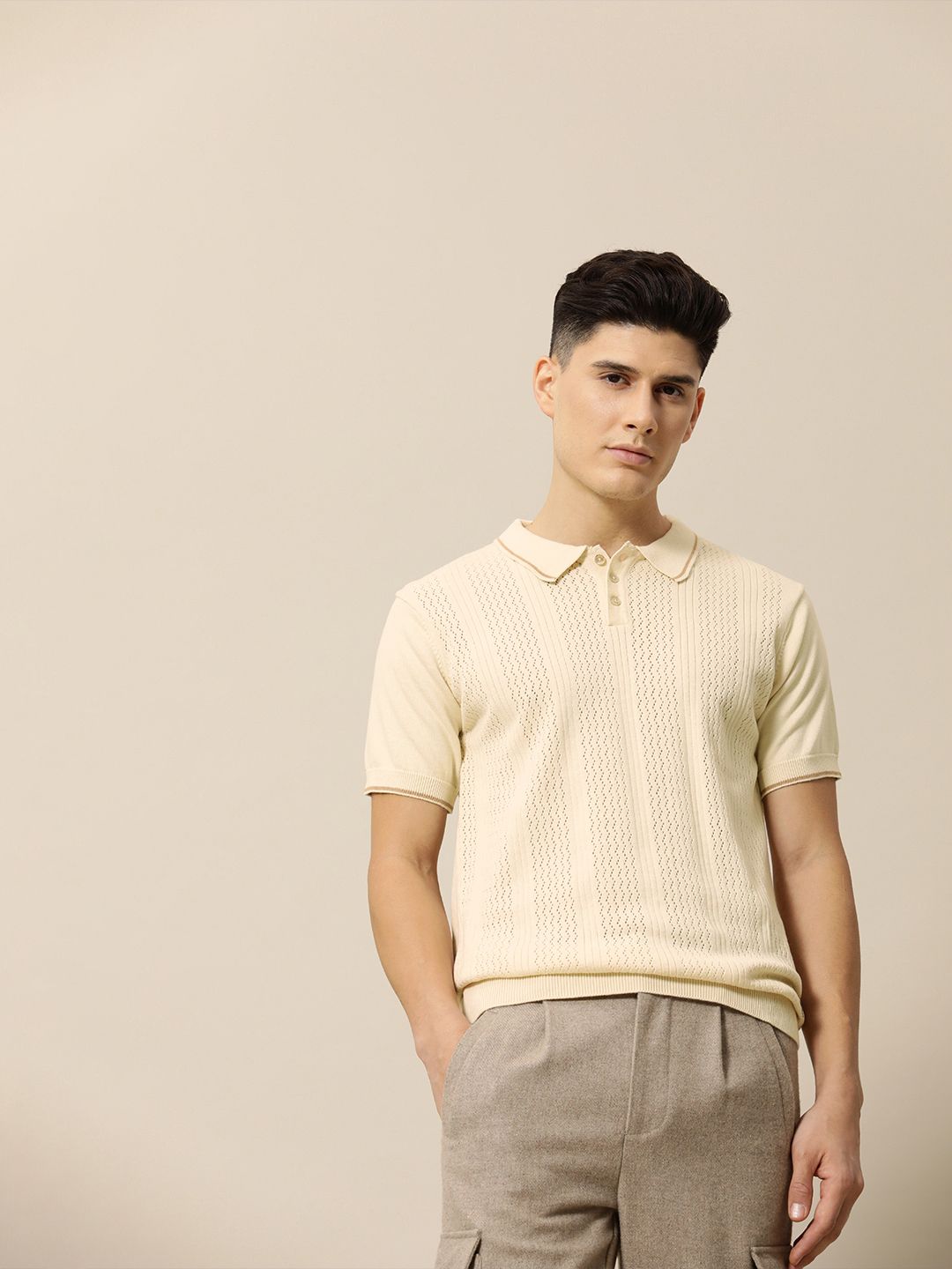 Mr Bowerbird Men Self Designed Polo Collar Pure Cotton Tailored Winter T-shirt