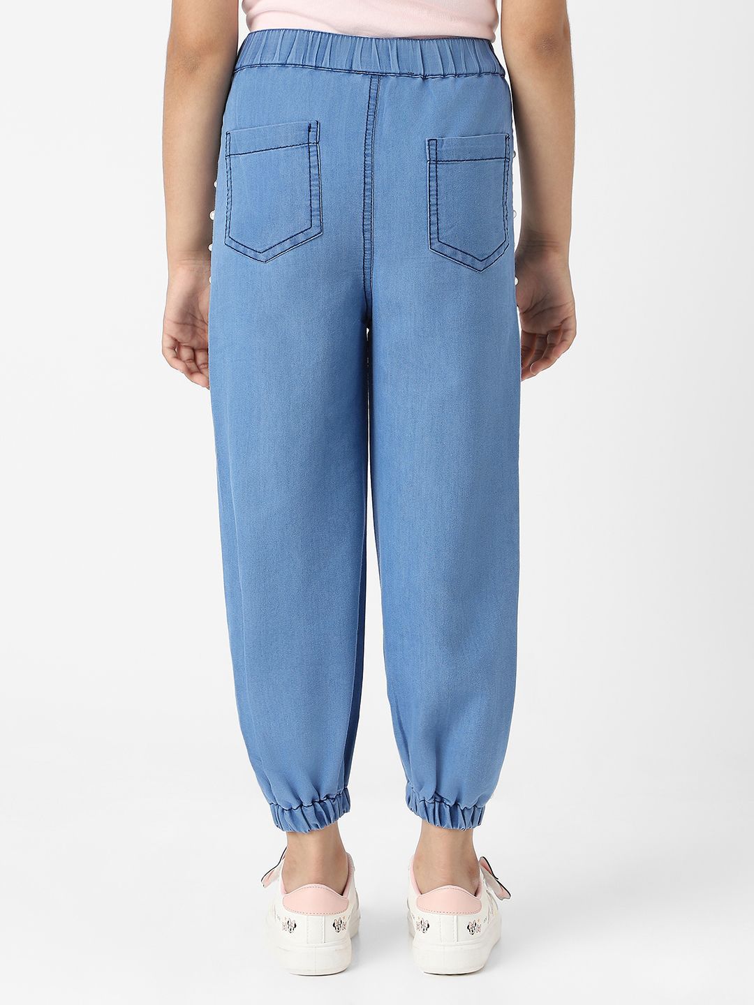 Nauti Nati  Girls Cotton Denim Jogger Jeans with Pearl Sequins - Skinny Fit