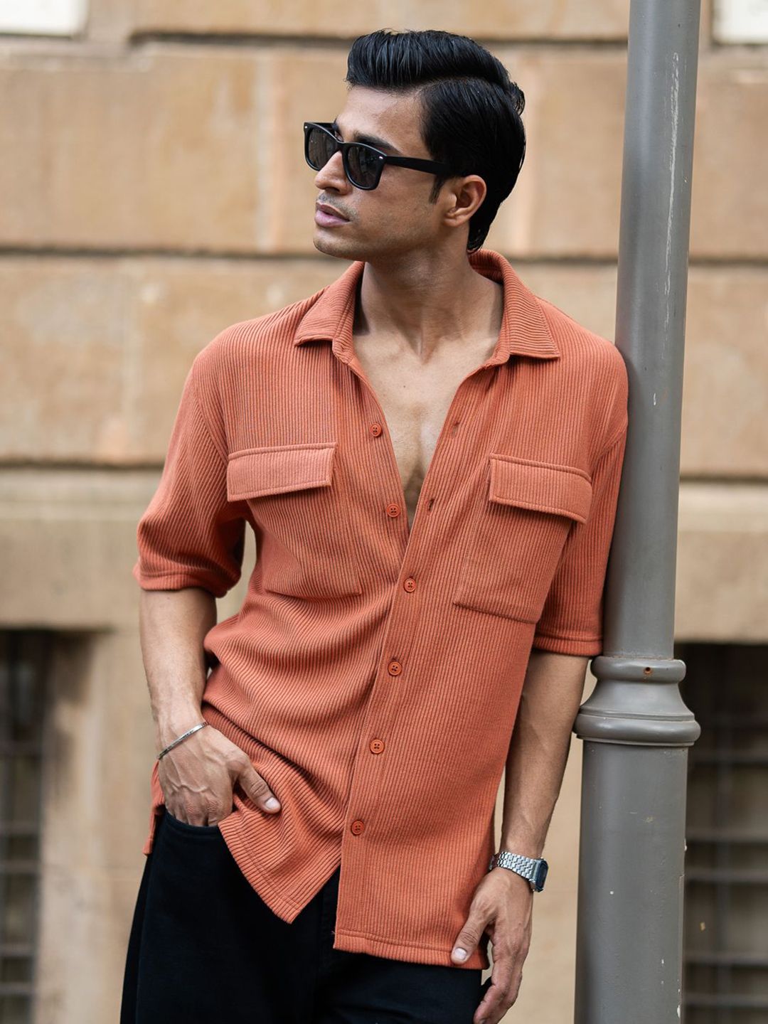 Powerlook Men Oversized Fit Textured Spread Collar Casual Shirt