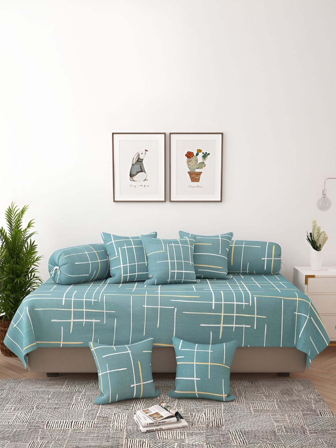 Story@home 8 Pc Green Geometric Printed Satin Finish Diwan Set