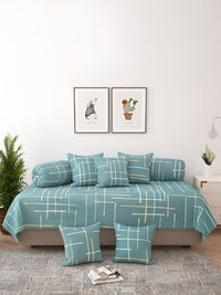 Story@home 8 Pc Green Geometric Printed Satin Finish Diwan Set