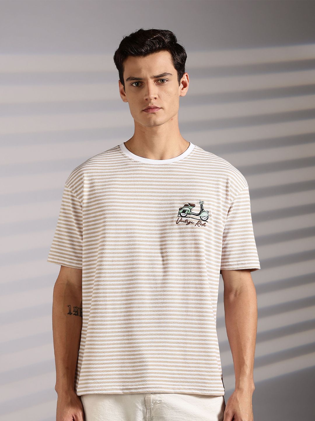Eszett Drop Shoulder Vintage Ride Cream Striped Embroidered Cotton Round Neck Oversized Fit T-shirt