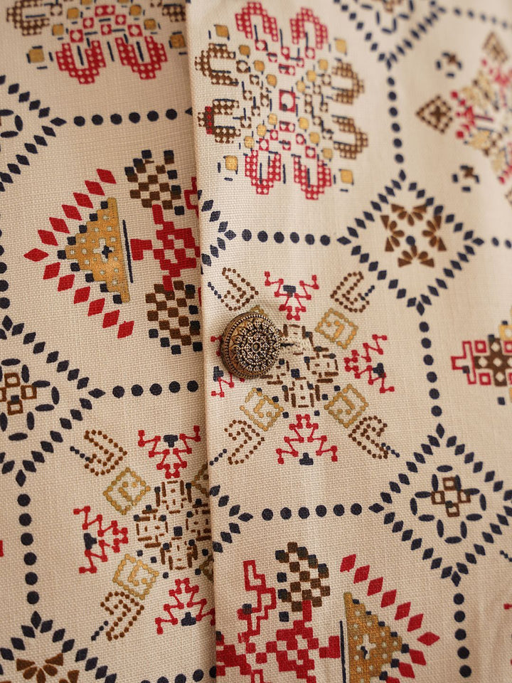 SOJANYA Motif Etnik Bercetak Kurta Lurus Kolar Mandarin Dengan Piyama Dan Jaket Nehru