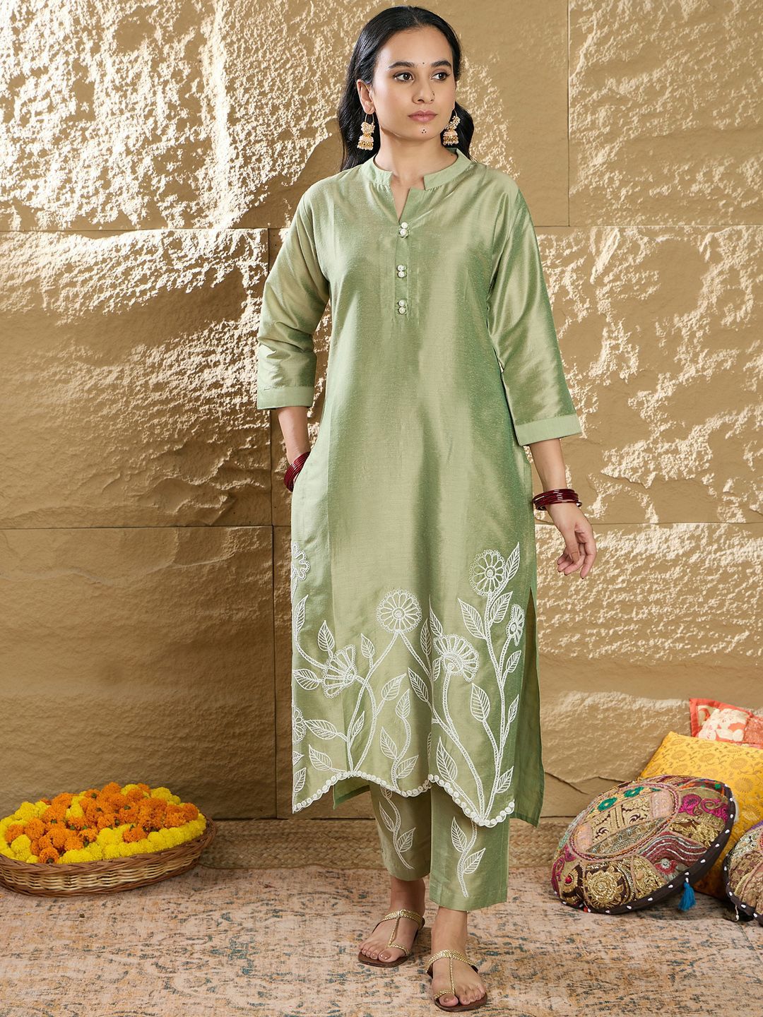 Indo Era Women Floral Embroidered Regular Thread Work Kurta with Trousers