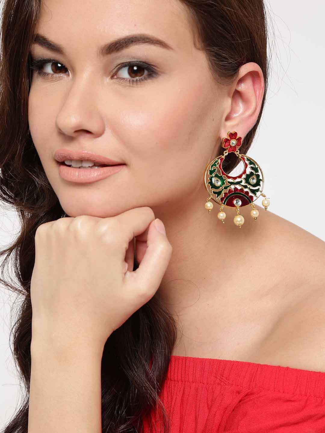 Anouk Merah & Hijau Emas Bersalut Batu Bertatah & Manik Anting-Anting Jatuh Bulat