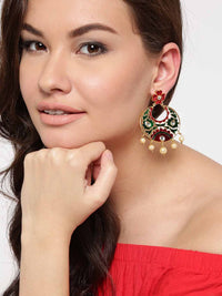 Anouk Merah & Hijau Emas Bersalut Batu Bertatah & Manik Anting-Anting Jatuh Bulat
