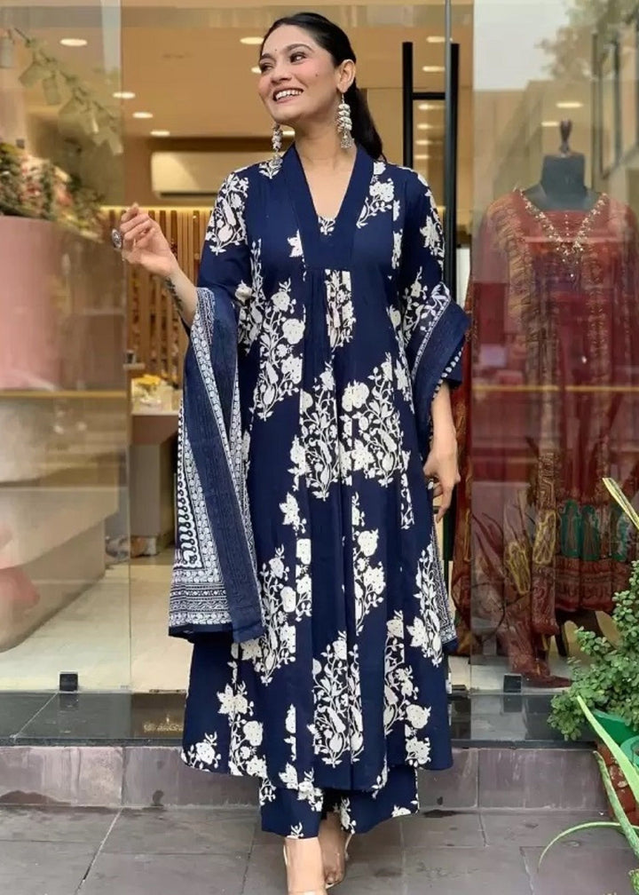 KALINI Floral Printed V-Neck Pleated A-Line Kurta With Trouser And Dupatta