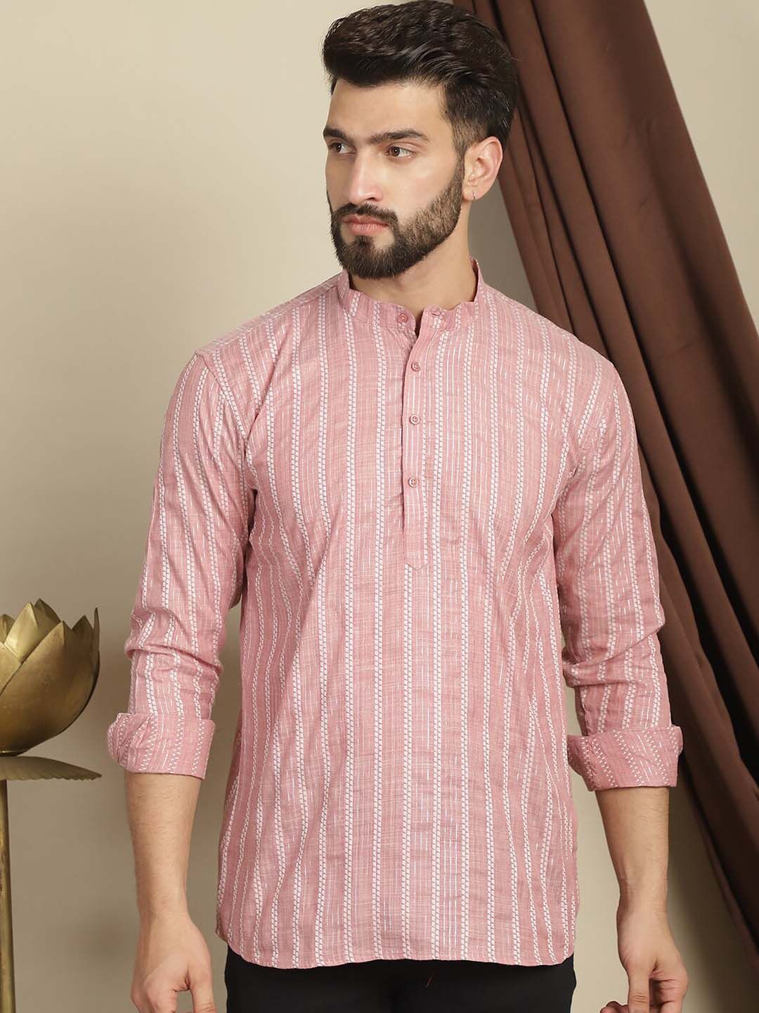 Anouk Striped Mandarin Collar Long Sleeves Thread Work Cotton Short Kurta