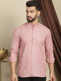 Anouk Striped Mandarin Collar Long Sleeves Thread Work Cotton Short Kurta