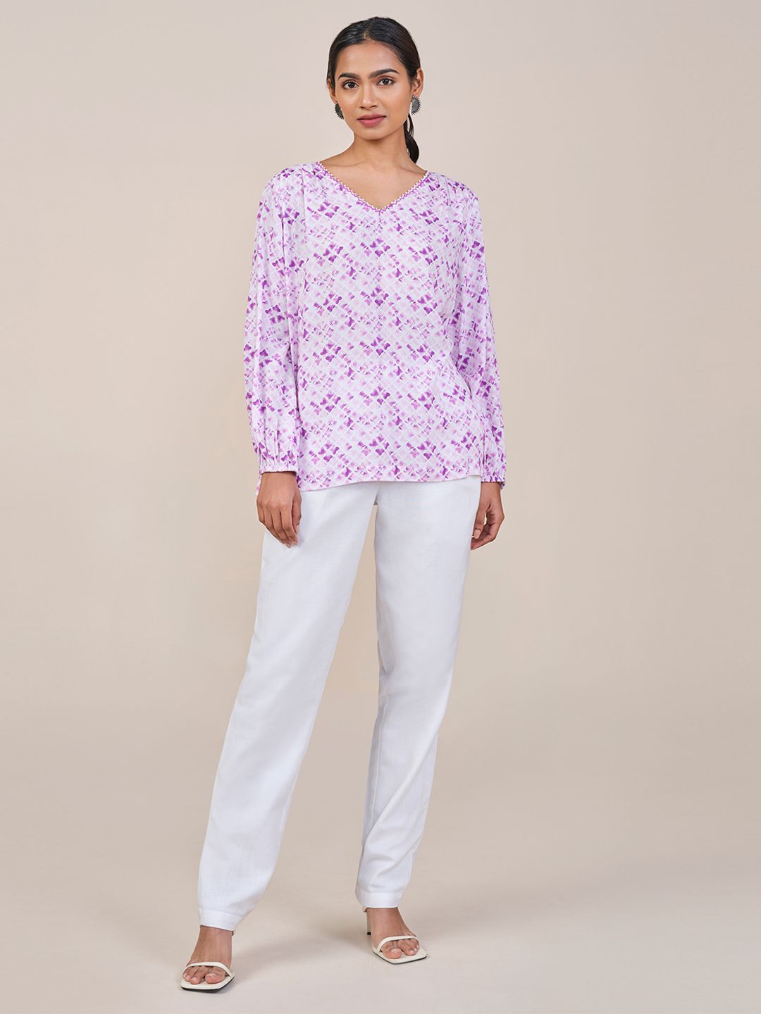 Global Desi Women Lavender V Neck Long Sleeves Floral Print Top