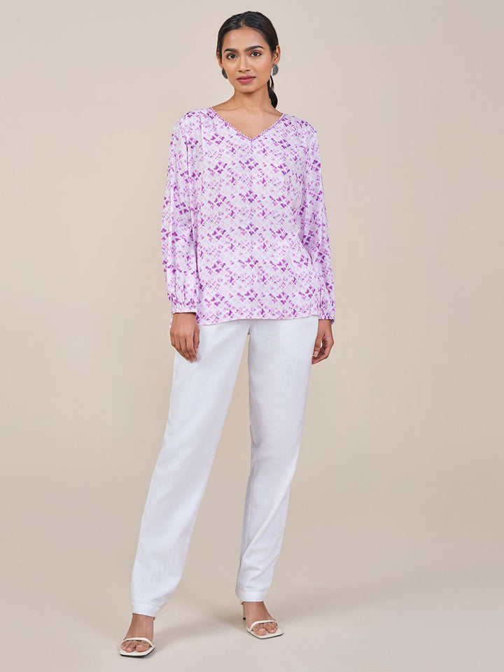 Global Desi Women Lavender V Neck Long Sleeves Floral Print Top