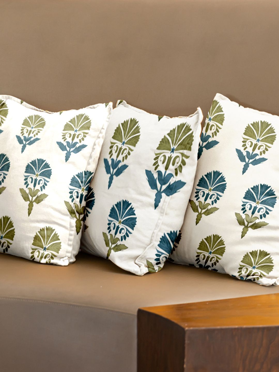 URBAN SPACE Blue & White 3 Pieces Floral Printed Cotton Square Cushion Covers