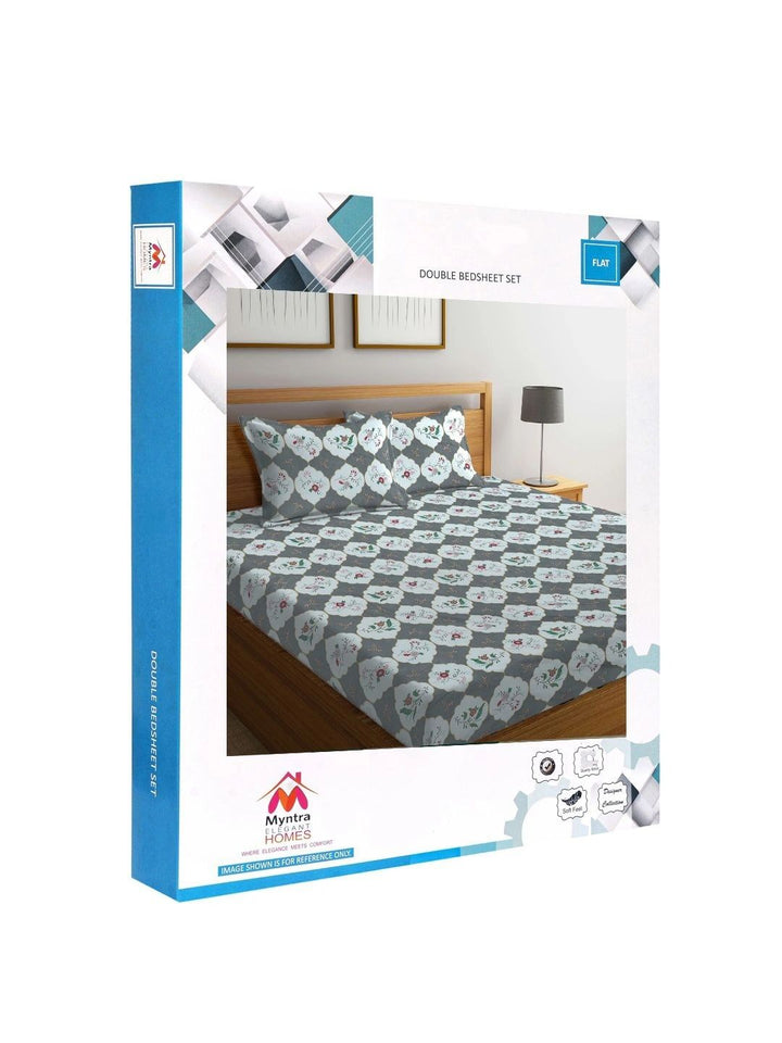 Myntra Elegant Homes Grey Floral 300 TC Super King Double Bedsheet dengan 2 Sarung Bantal