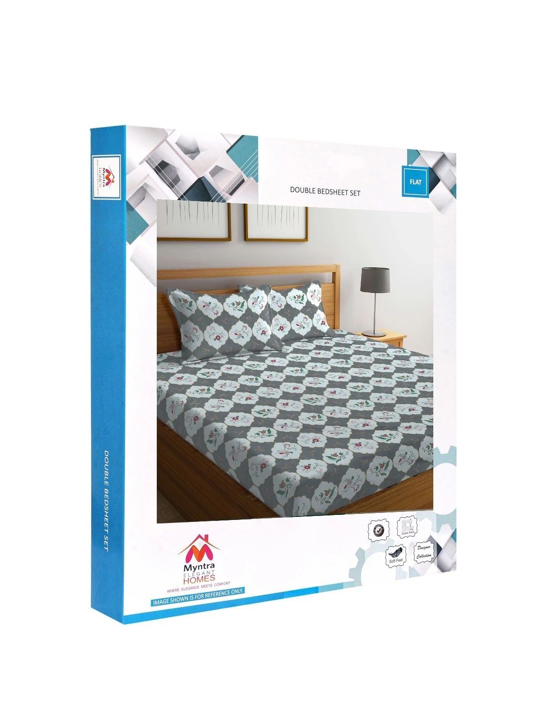 Myntra Elegant Homes Grey Floral 300 TC Super King Double Bedsheet dengan 2 Sarung Bantal