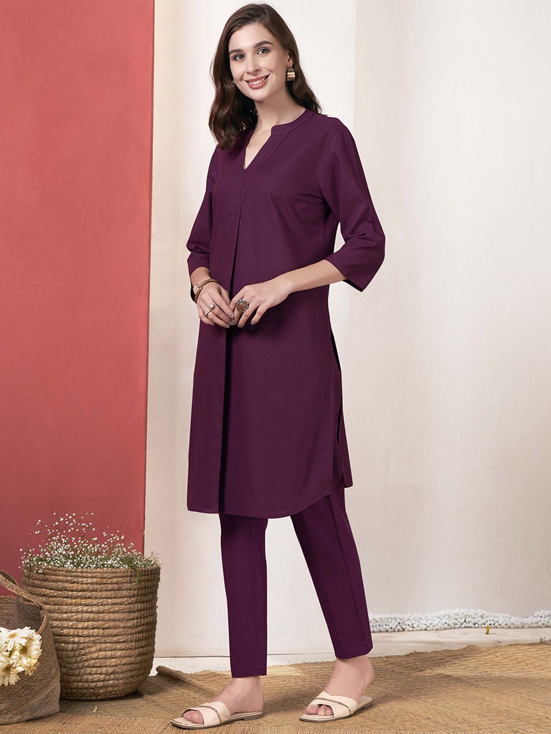 Anouk Purple V-Neck Pure Cotton Tunic With Trousers