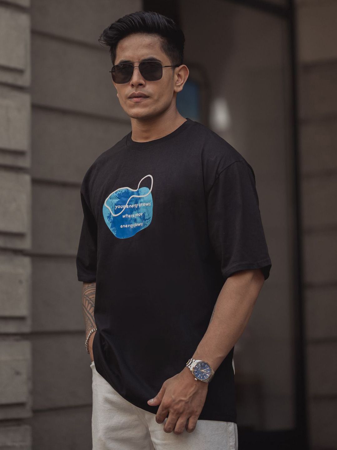 Powerlook Men Graphic Printed Round Neck Pure Cotton Oversized T-Shirt