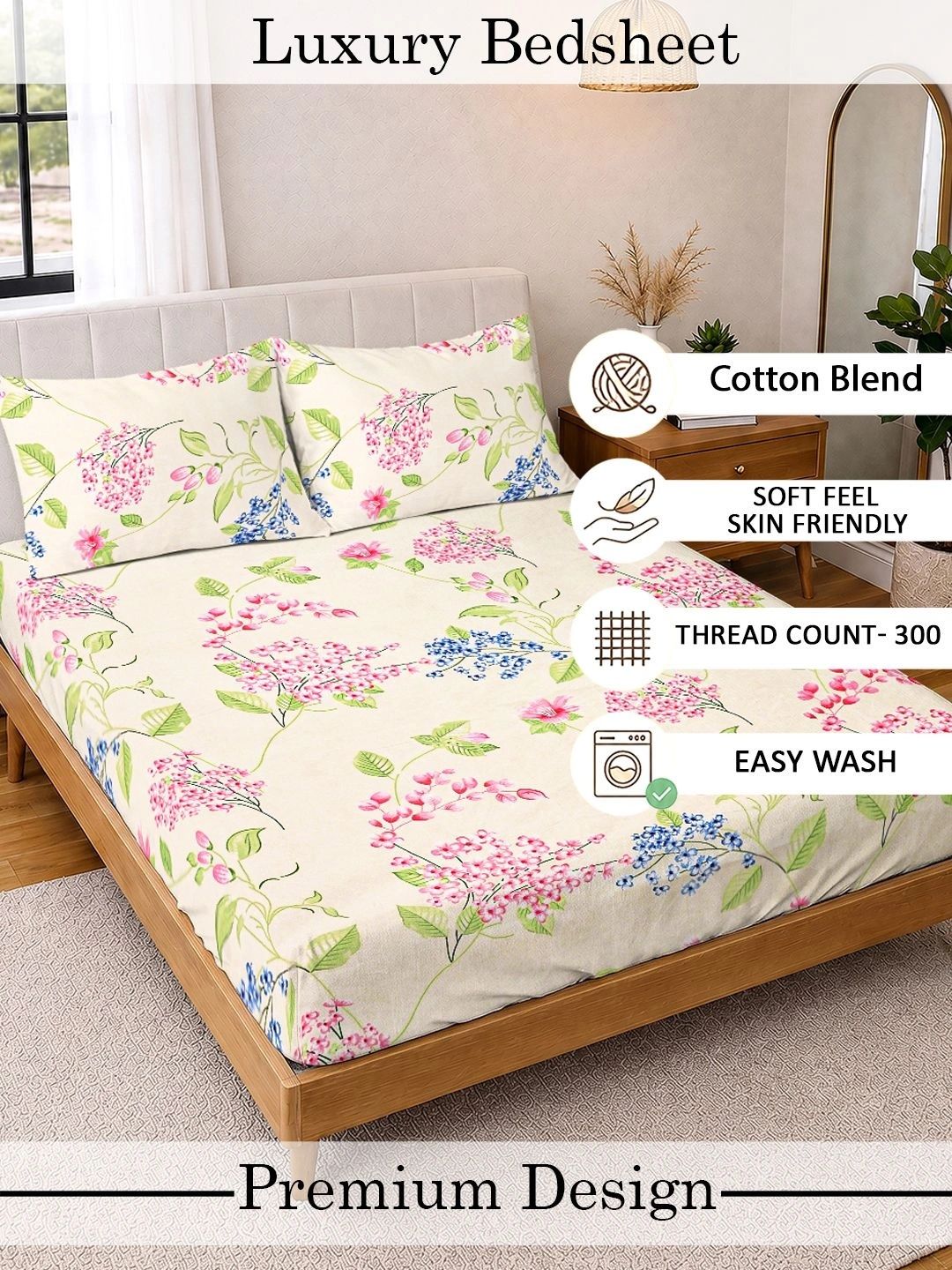 KLOTTHE Cream-Coloured Floral 300 TC King Bedsheet with 2 Pillow Covers