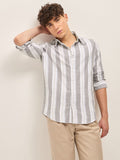 THE BEAR HOUSE Men Spread Collar Vertical Striped Cotton Slim Fit Casual Shirt