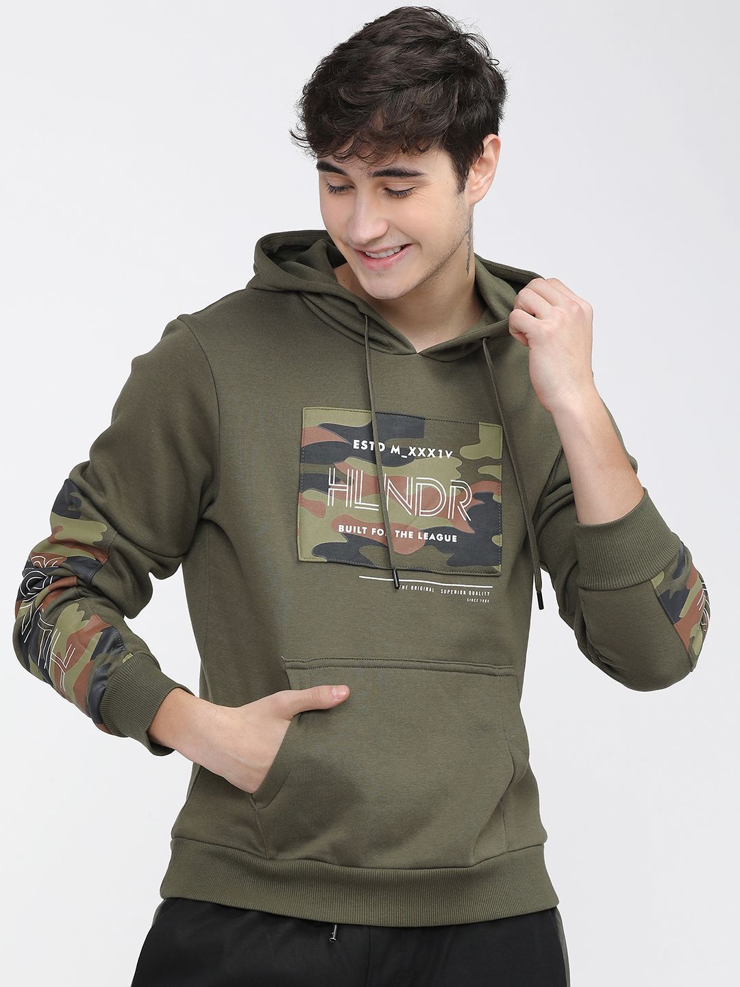 HIGHLANDER Men Typography Printed Hood Cotton Pullover Sweatshirt