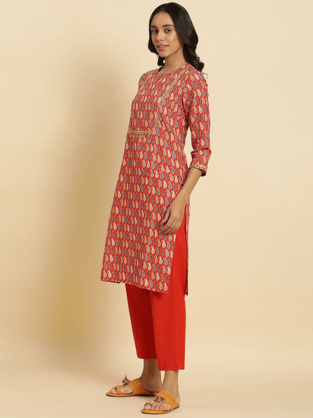 W Ethnic Motifs Printed Keyhole Neck Sequinned Straight Kurta