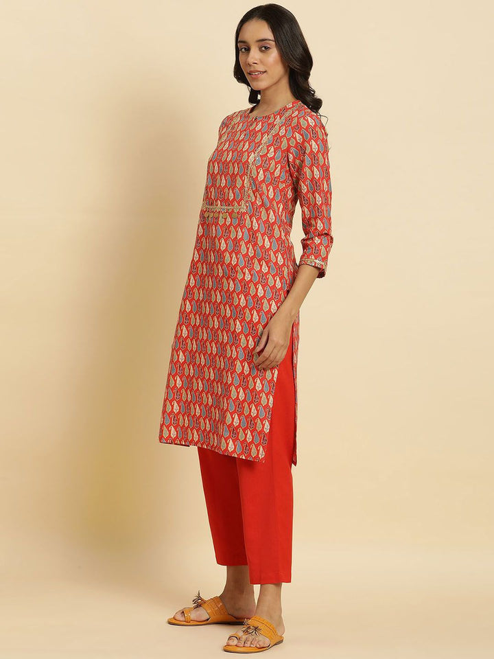 W Ethnic Motifs Printed Keyhole Neck Sequinned Straight Kurta