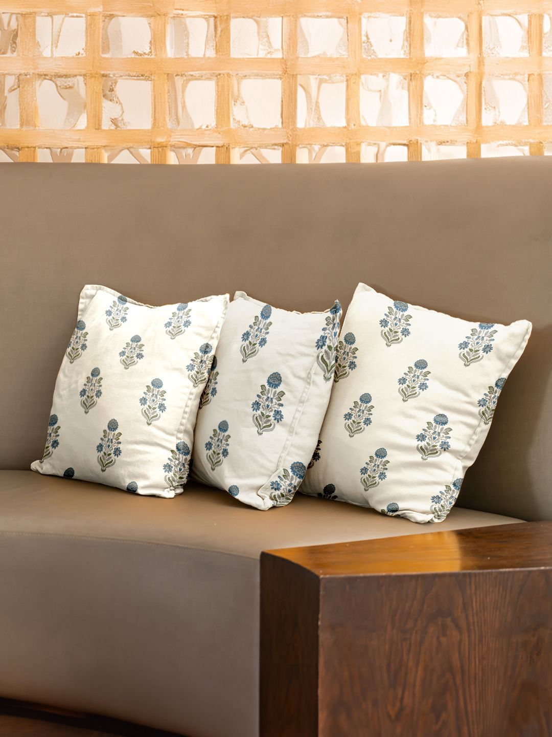 URBAN SPACE Blue & Cream-Coloured 3 Pieces Floral Printed Cotton Square Cushion Covers
