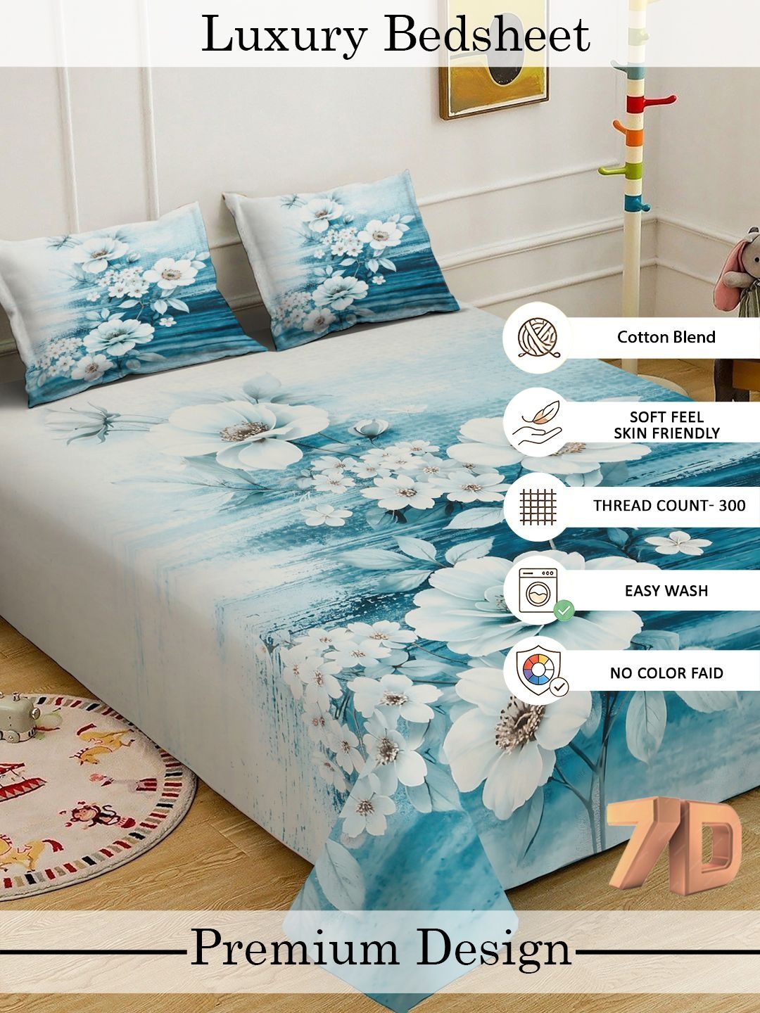 Myntra Elegant Homes Blue Floral 300 TC Cadar dengan 2 Sarung Bantal