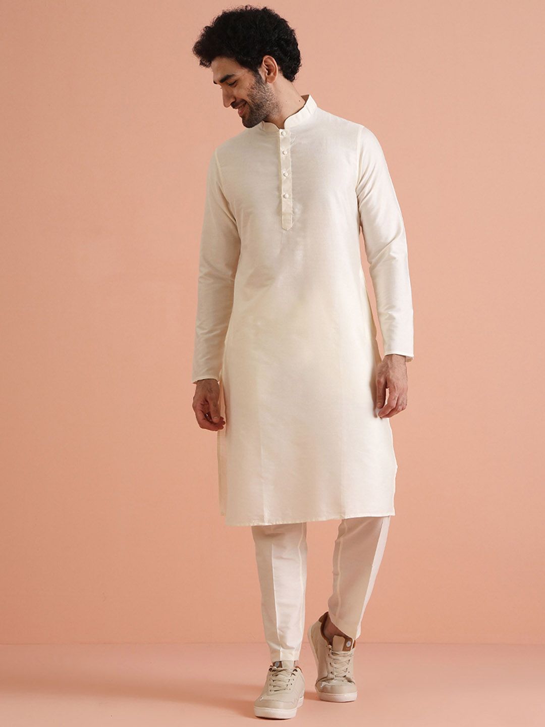 KISAH Men Mandarin Collar Regular Solid Kurta Trouser Set