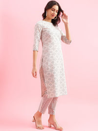 KALINI Floral Printed Round Neck Three Quarter Sleeves Straight Kurta With Trousers
