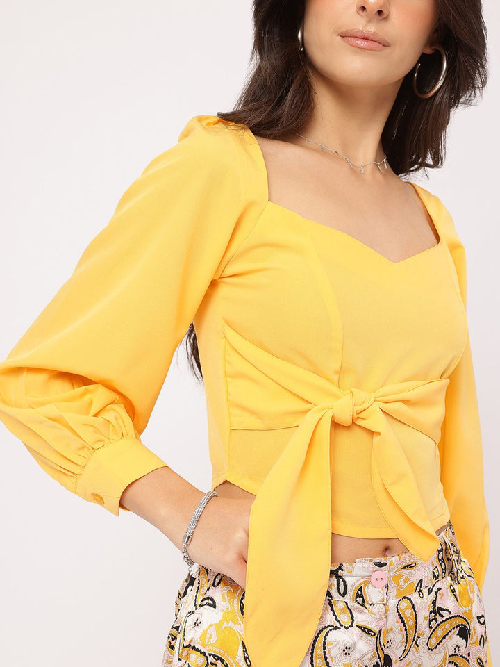 DressBerry Free Spirit Fashion Cuffed Sleeves Paneled Tie-Up Crop Top