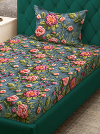 KLOTTHE Turquoise Blue Floral Printed Fitted 300 TC Single Bedsheet With Pillow Cover