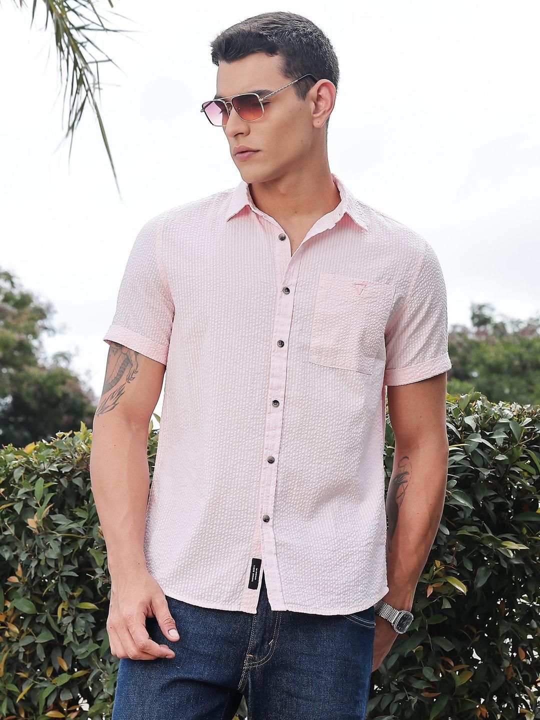 Thomas Scott Men Classic Slim Fit Seersucker Casual Shirt