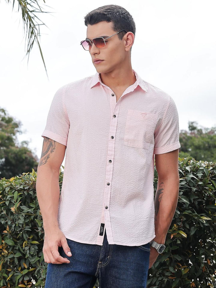 Thomas Scott Men Classic Slim Fit Seersucker Casual Shirt
