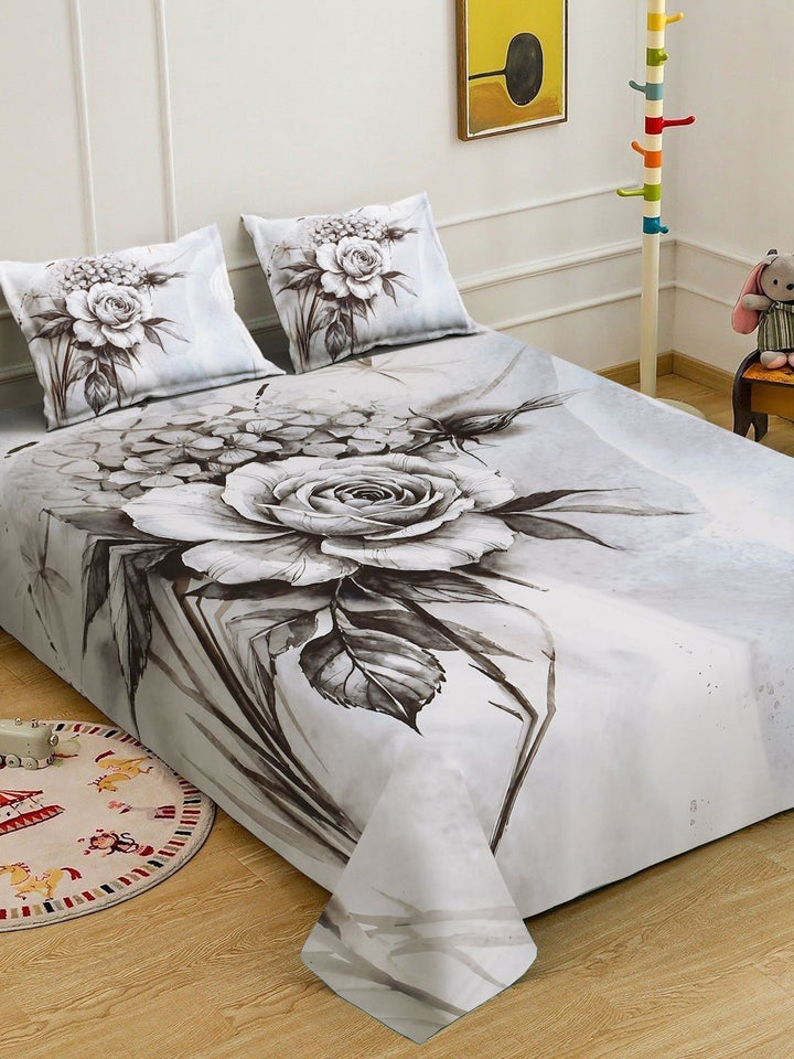 Myntra Elegant Homes Grey Floral 300 TC King Double 7D Bedsheet with 2 Pillow Covers