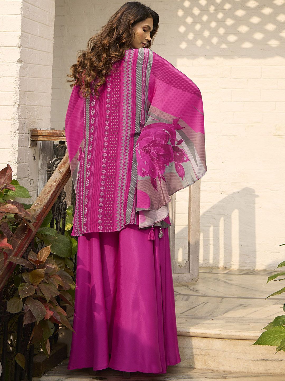 Anouk Floral Printed V-Neck Pure Silk Top With Palazzo
