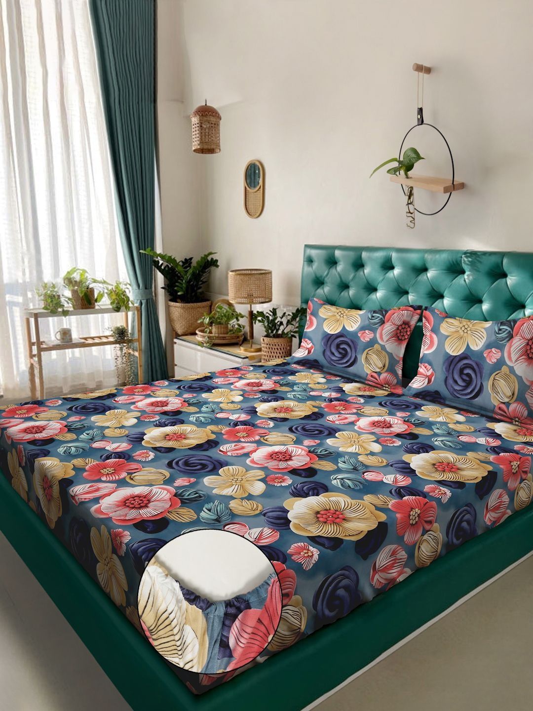 Myntra Elegant Blue Floral Printed Fitted 300 TC King 7D Bedsheet With 2 Pillow Covers