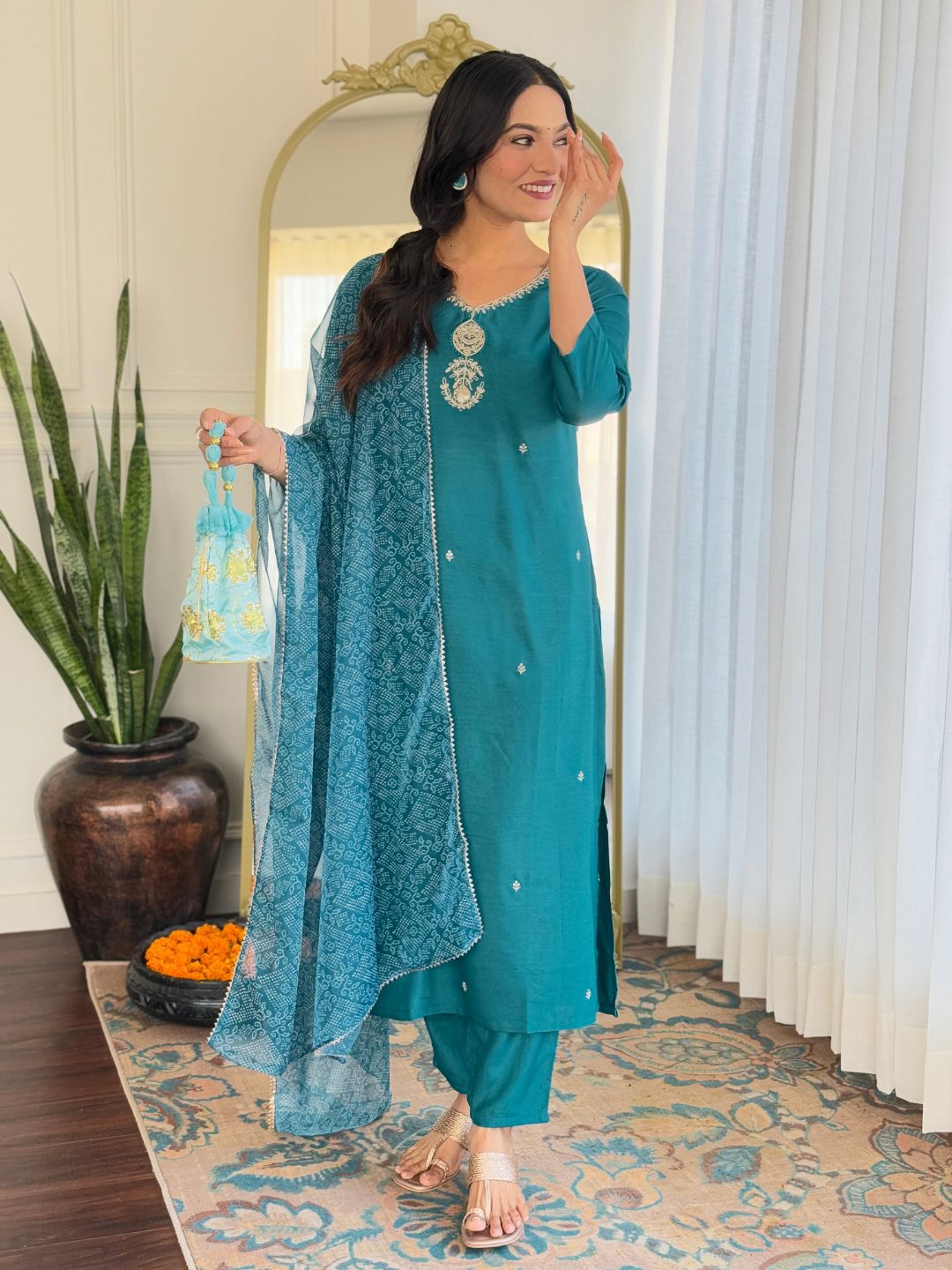 KALINI Women Floral Embroidered Zari Straight Kurta With Trousers & Dupatta