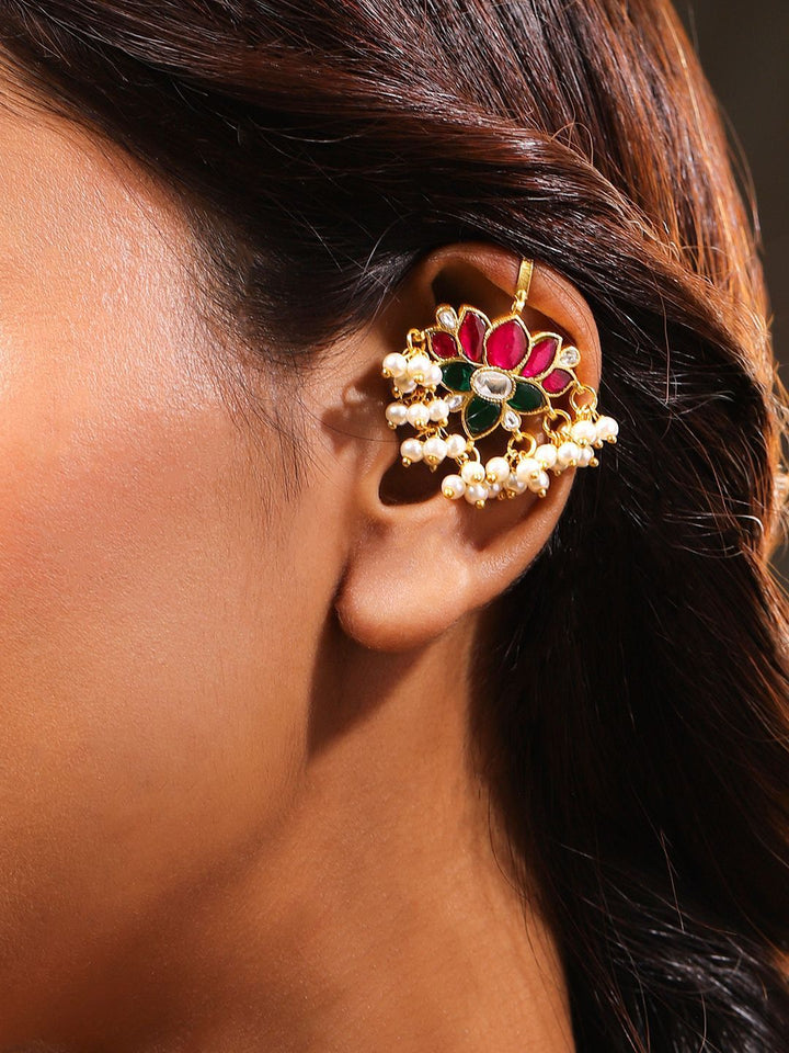 Rubans 22K Gold-Plated Ruby, Emerald & White Kundan Lotus Design Ear Cuff