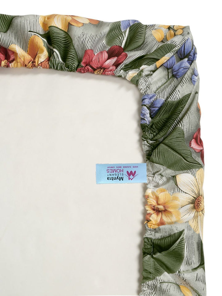 Myntra Elegant Green Floral Printed Fitted 300 TC King 7D Bedsheet with 2 Pillow Covers