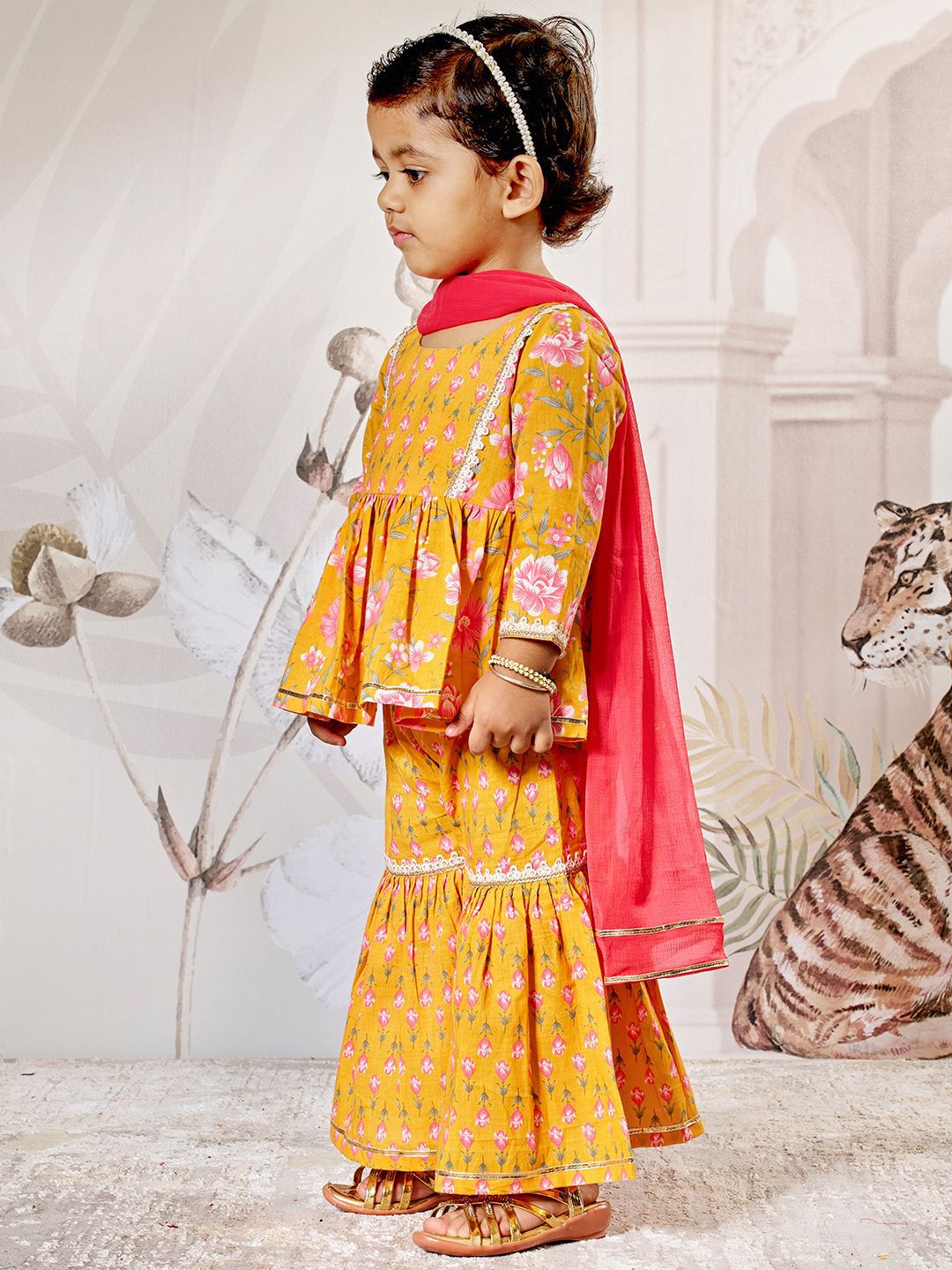 VASTRAMAY Girls Floral Printed Cotton Anarkali Kurta with Sharara & Dupatta