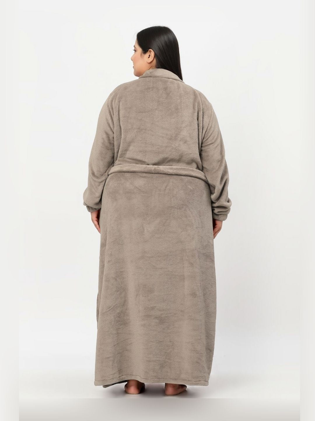 KLOTTHE Plus Size Brown Woollen Long Sleeves Bath Robe With Belt