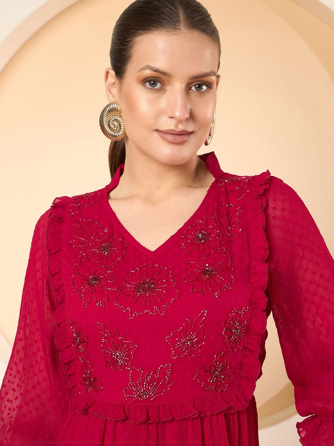 Antheaa Women Puff Sleeves Fit & Flare Midi Dress