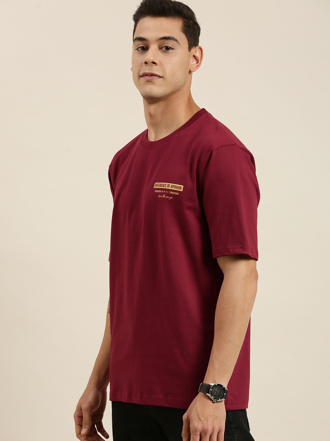 Difference of Opinion Men Maroon & Yellow Cotton Printed Drop-Shoulder Oversized T-shirt