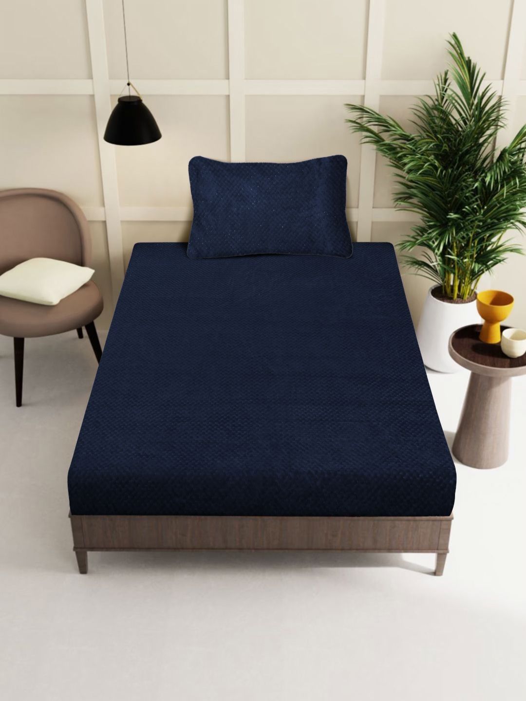 KLOTTHE Navy Blue Abstract 300TC Woolen Single Fitted Bedsheet & Pillow Cover