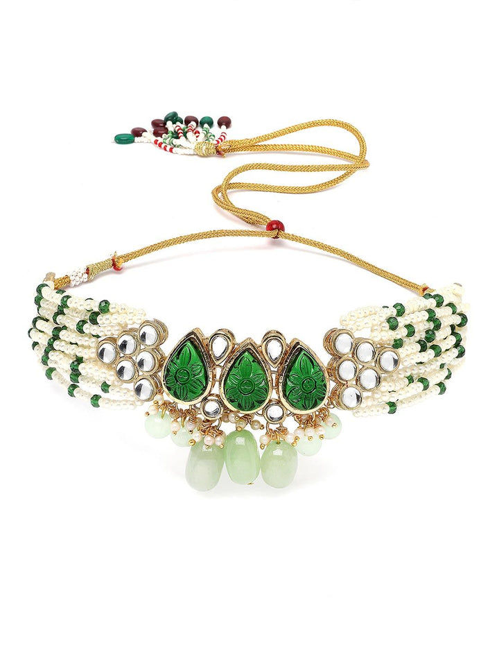 KARATCART Gold-Plated Kundan Stones-Studded & Beaded Jewellery Set