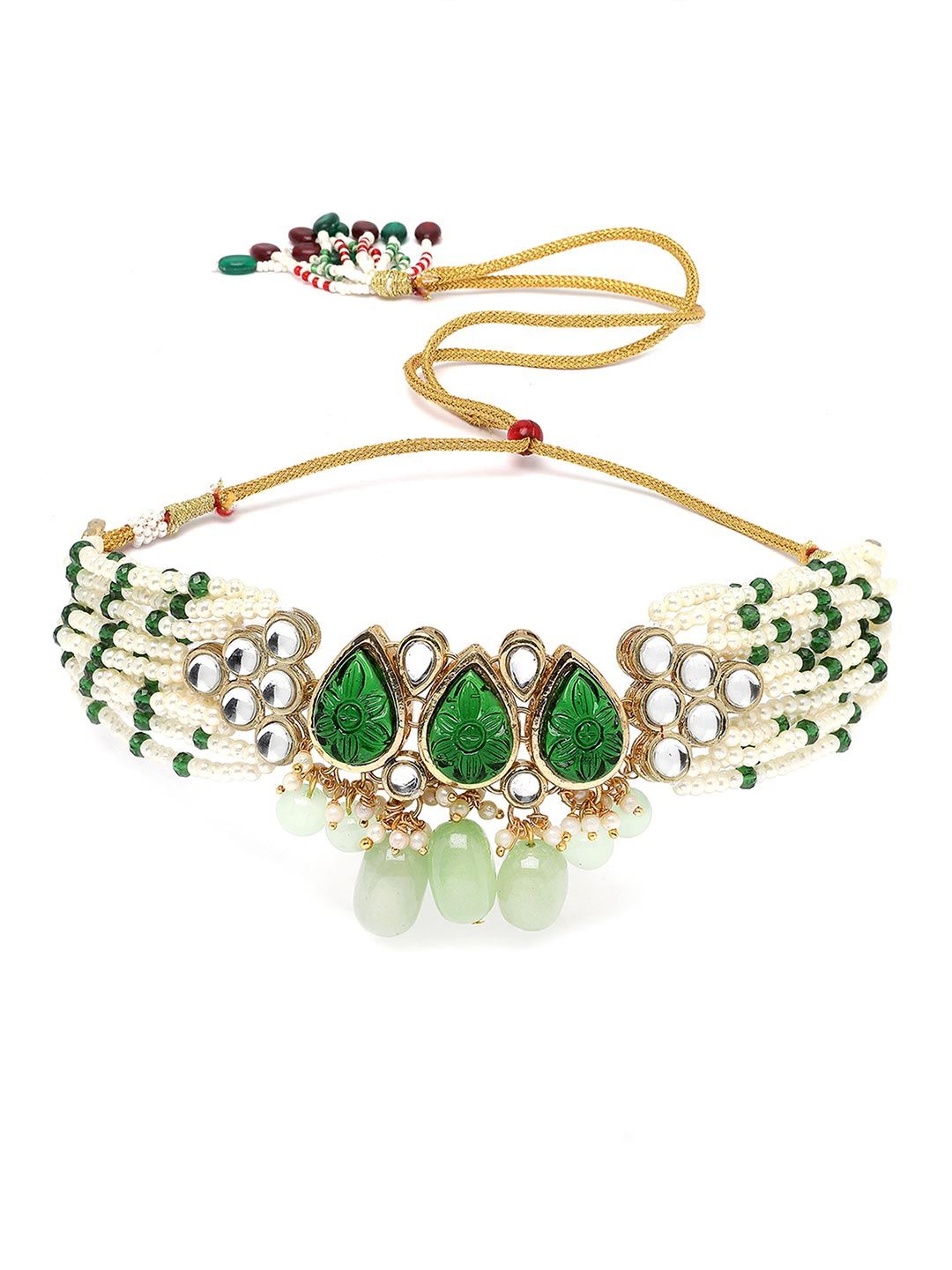 KARATCART Gold-Plated Kundan Stones-Studded & Beaded Jewellery Set