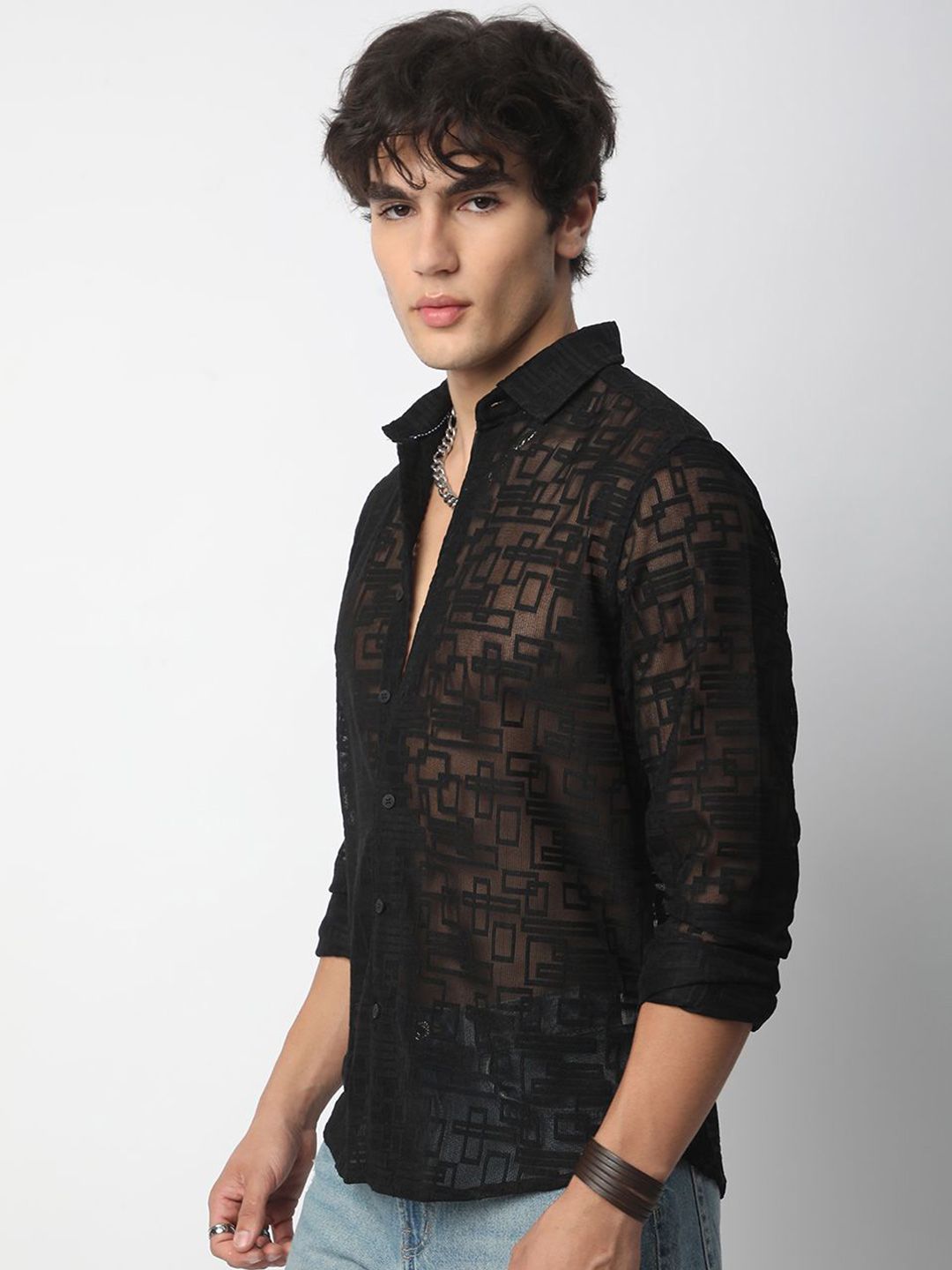 VASTRADO Men Classic Spread Collar Geometric Self Design Slim Fit Casual Shirt