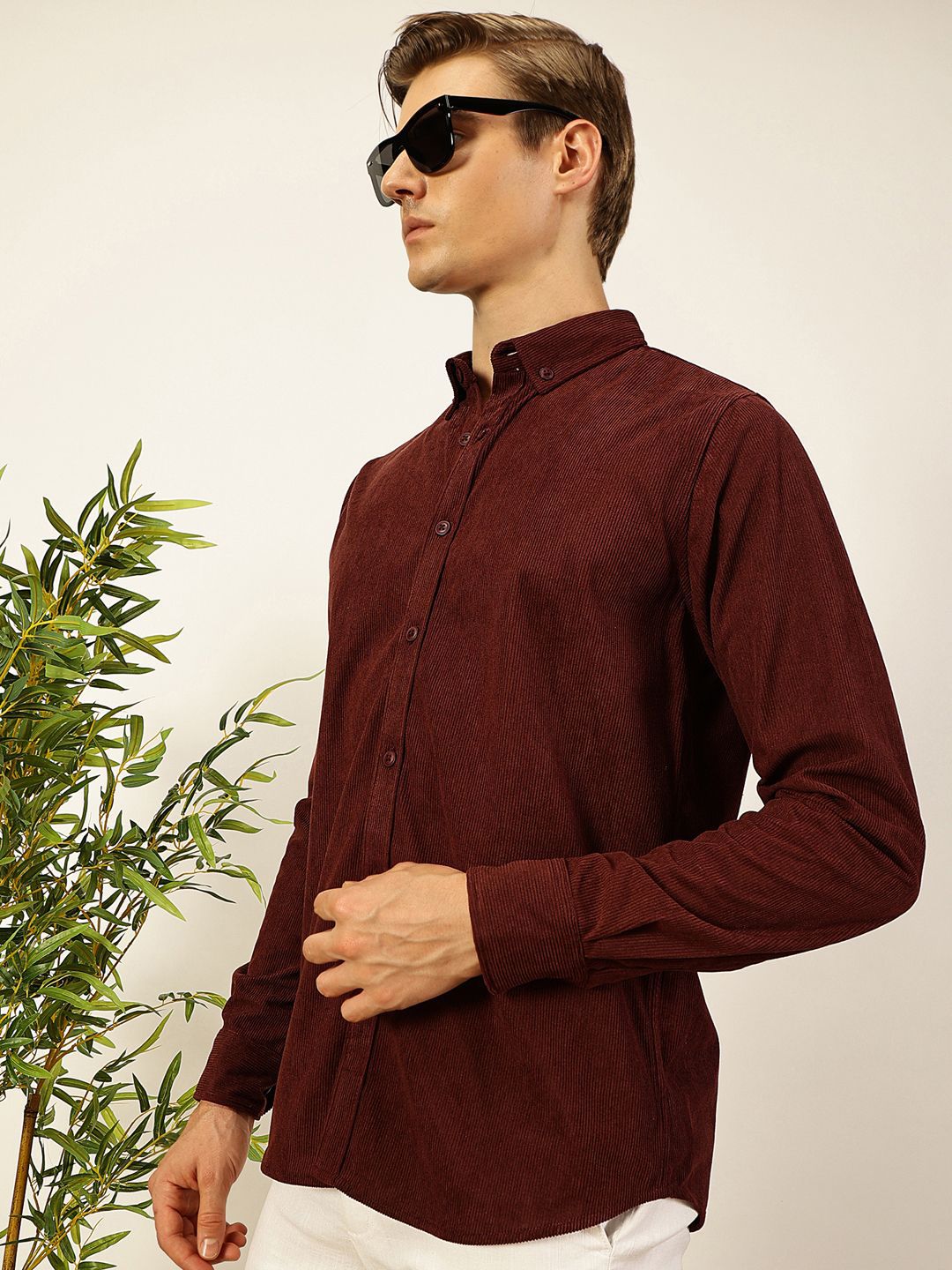Thomas Scott Men Premium Textured Corduroy Slim Fit Button-Down Collar Casual Shirt