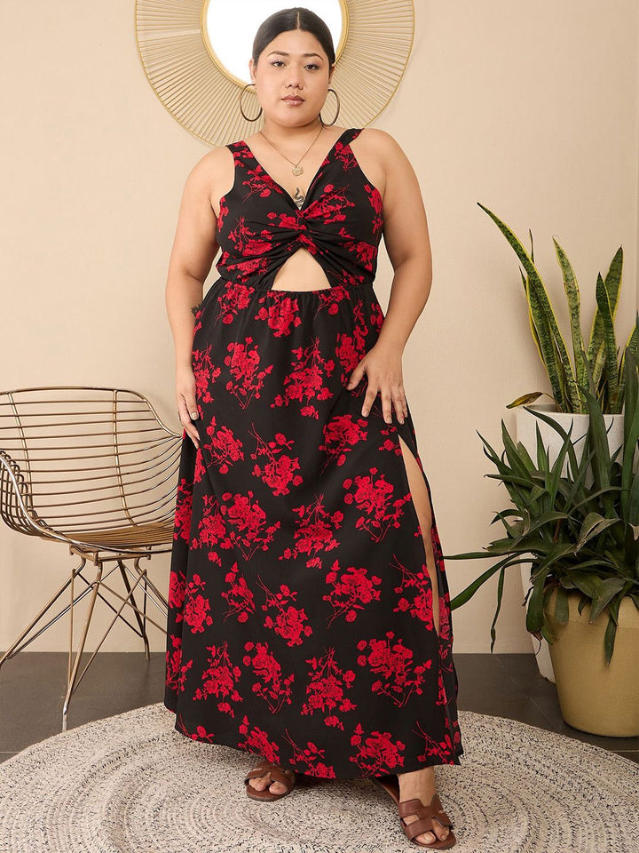 Berrylush Curve Women Floral Printed Plus Size ShoulderStraps V-neck Maxi Dress